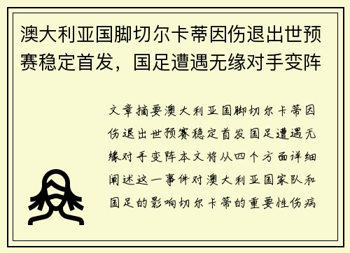 澳大利亚国脚切尔卡蒂因伤退出世预赛稳定首发，国足遭遇无缘对手变阵。